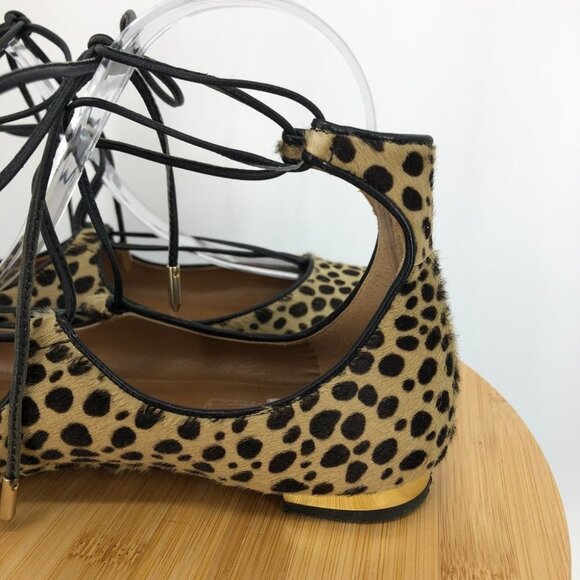 AQUAZZURA Christy Leopard-print Calf Hair Point-toe ankle wrap Flats 37.5 - Picture 12 of 16